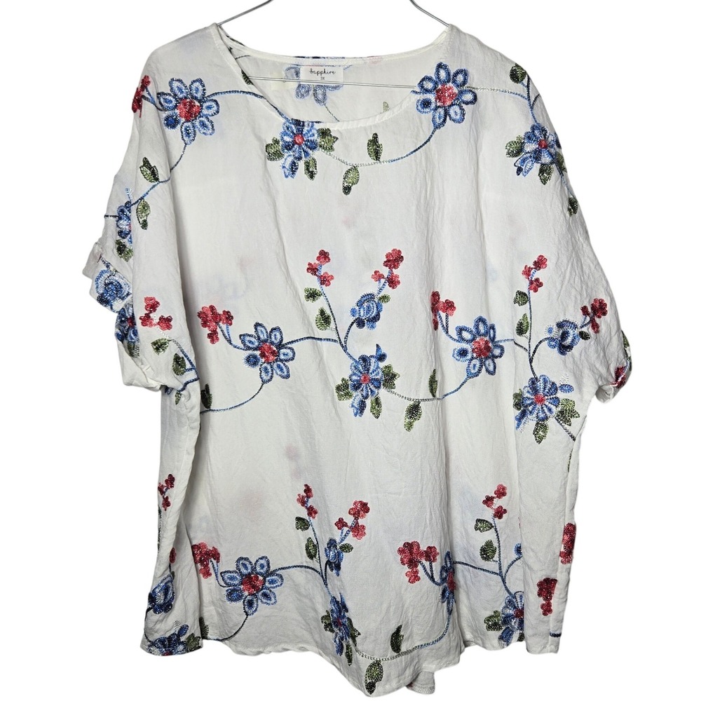 Sapphire Womens White Floral Embroidered Short Sleeve Top Plus 3X Boxy Boho Chic